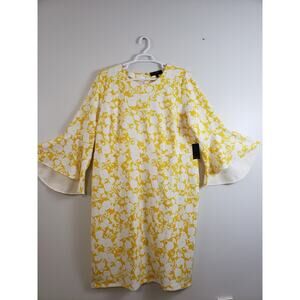 Eloquii Scuba Womens Dress Size 24 Bell Flare Sleeve Yellow Floral Cottagecore